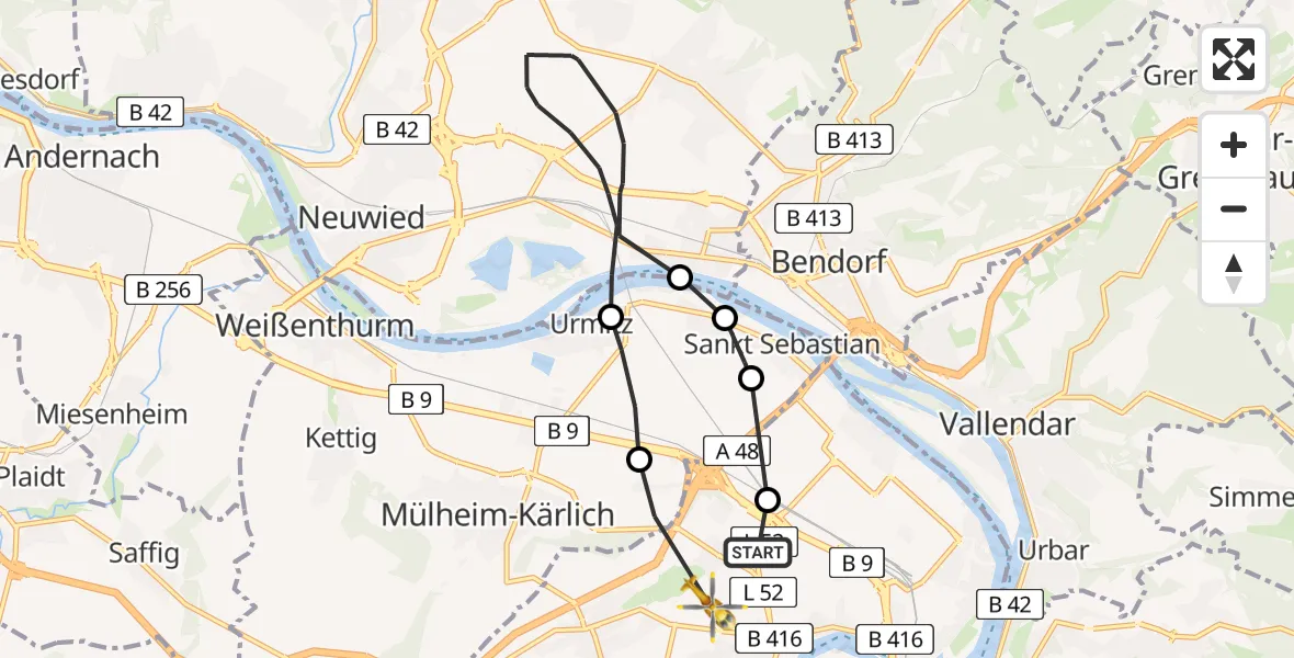 Flugroute Rettungshubschrauber Bubenheim - Bubenheim, 21 Februar 2026, 15:13