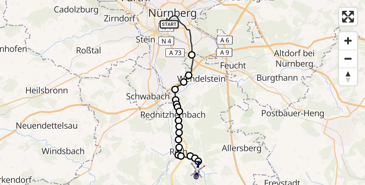Flugroute Polizeihubschrauber Nürnberg - Eckersmühlen, 21 Februar 2026, 15:21