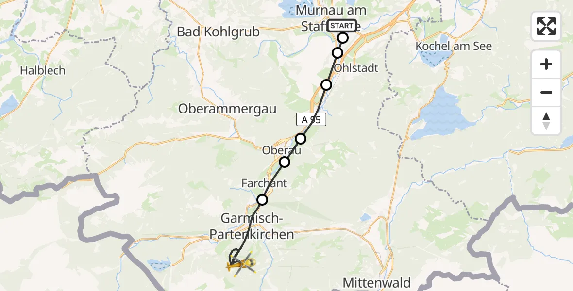 Flugroute Rettungshubschrauber Murnau Accident Hospital Heliport - Garmisch-Partenkirchen, 21 Februar 2026, 15:27