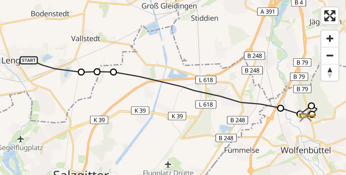 Flugroute Rettungshubschrauber Lengede - Wolfenbüttel Municipal Hospital Heliport (Christoph 30), 21 Februar 2026, 15:30