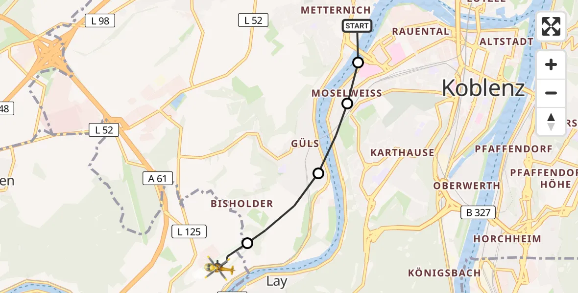 Routekaart van de vlucht: Ambulanzhubschrauber nach Koblenz-Winningen Airfield
