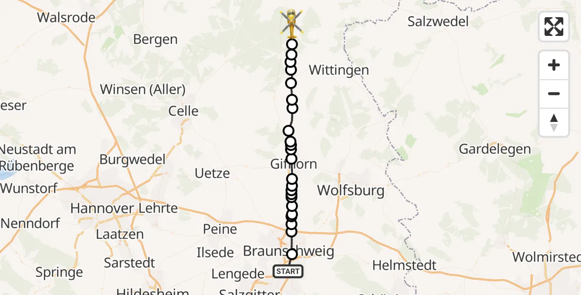 Flugroute Rettungshubschrauber Braunschweig-Süd - Wrestedt, 21 Februar 2026, 15:40