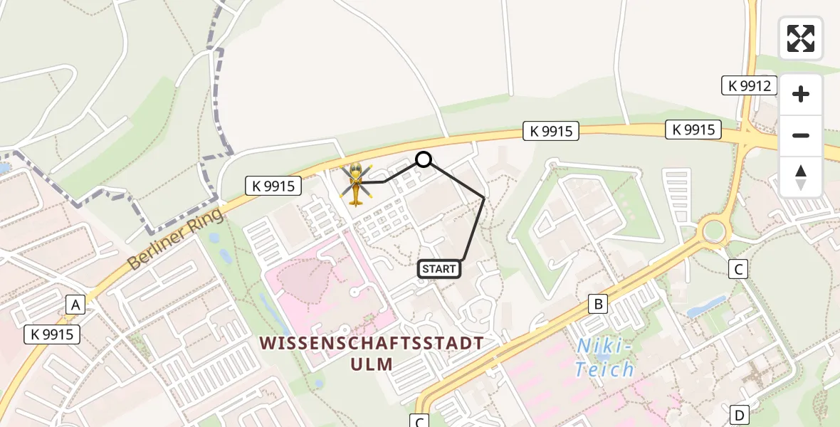 Flugroute Rettungshubschrauber Ulm Military Hospital Emergency Heliport - ADAC Air Rescue Station Ulm (Christoph 22), 21 Februar 2026, 15:45