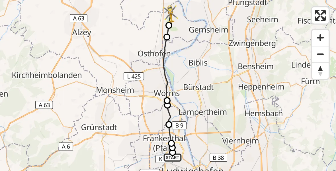 Flugroute Rettungshubschrauber Ludwigshafen am Rhein - Gimbsheim, 21 Februar 2026, 15:48