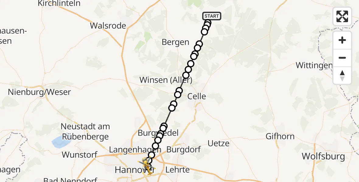 Flugroute Rettungshubschrauber Faßberg - Hannover Air Rescue Heliport (Christoph 4), 21 Februar 2026, 16:08