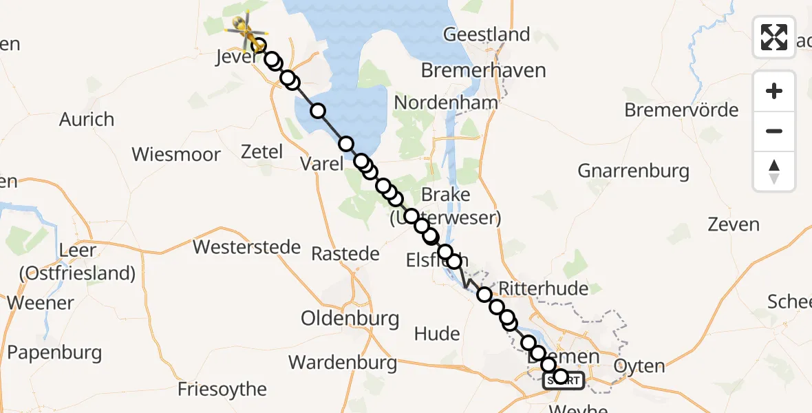 Flugroute Rettungshubschrauber Bremen-Süd - Wangerland, 21 Februar 2026, 16:12