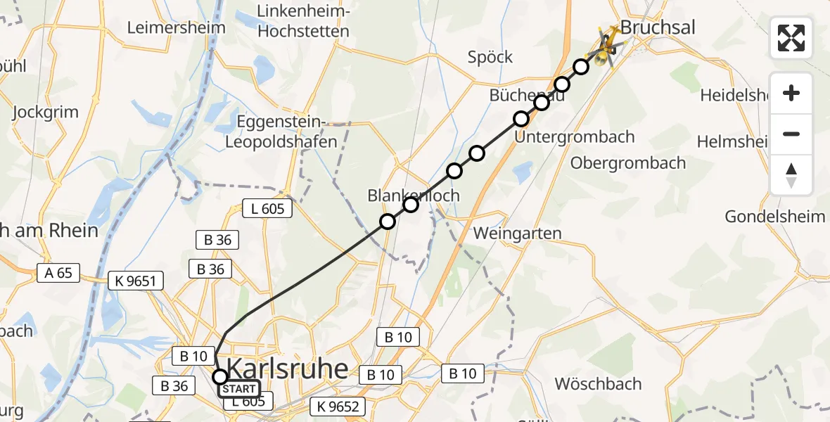 Flugroute Rettungshubschrauber Sankt Vincentius Hospital Heliport - Bruchsal, 21 Februar 2026, 16:14