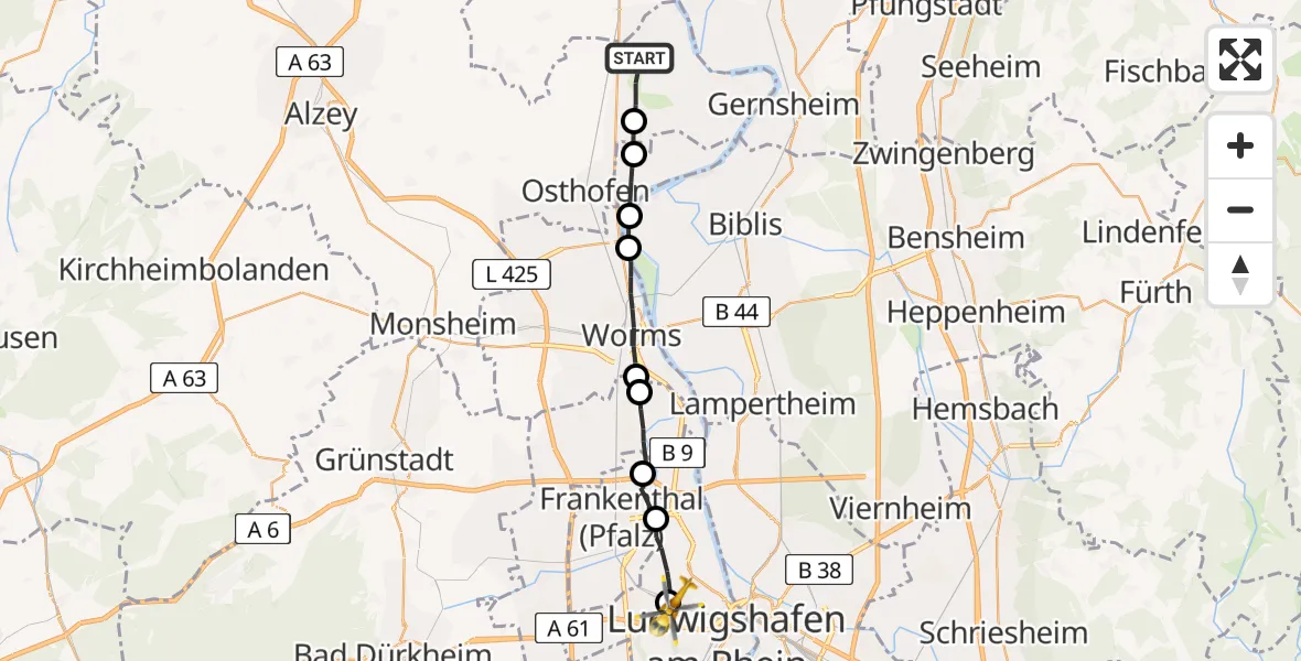 Flugroute Rettungshubschrauber Gimbsheim - Ludwigshafen Accident Hospital Heliport, 21 Februar 2026, 16:26