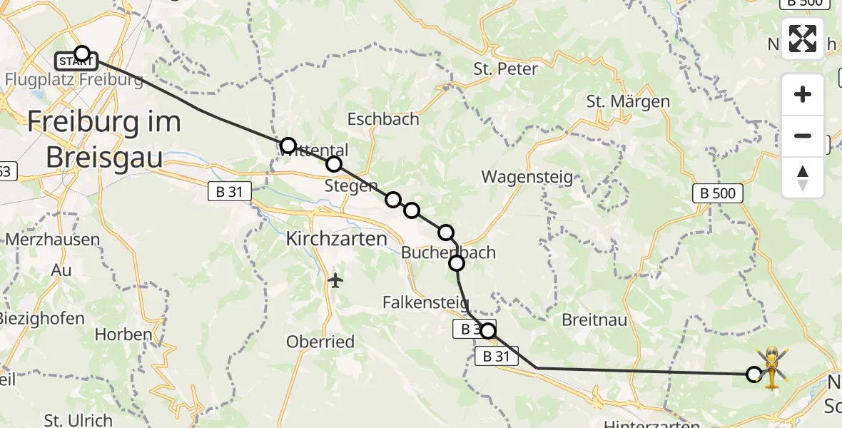 Flugroute Rettungshubschrauber Freiburg im Breisgau Airfield - Titisee, 21 Februar 2026, 16:29