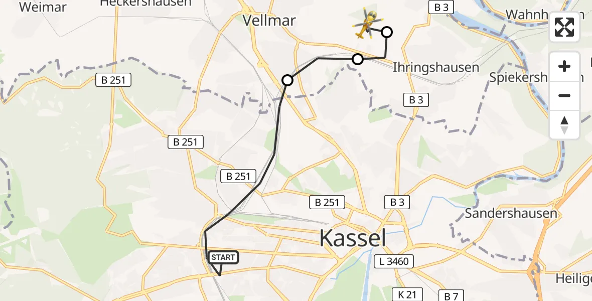 Routekaart van de vlucht: Rettungshubschrauber nach Fuldatal Federal Police Heliport