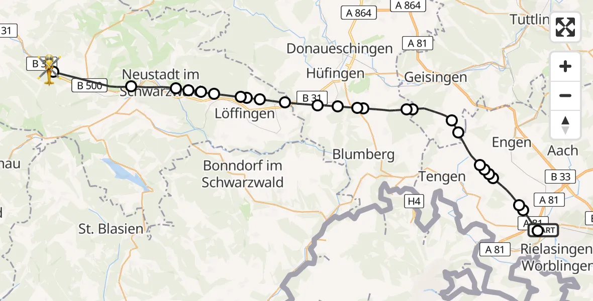 Flugroute Rettungshubschrauber Singen (Hohentwiel) - Breitnau, 21 Februar 2026, 16:45