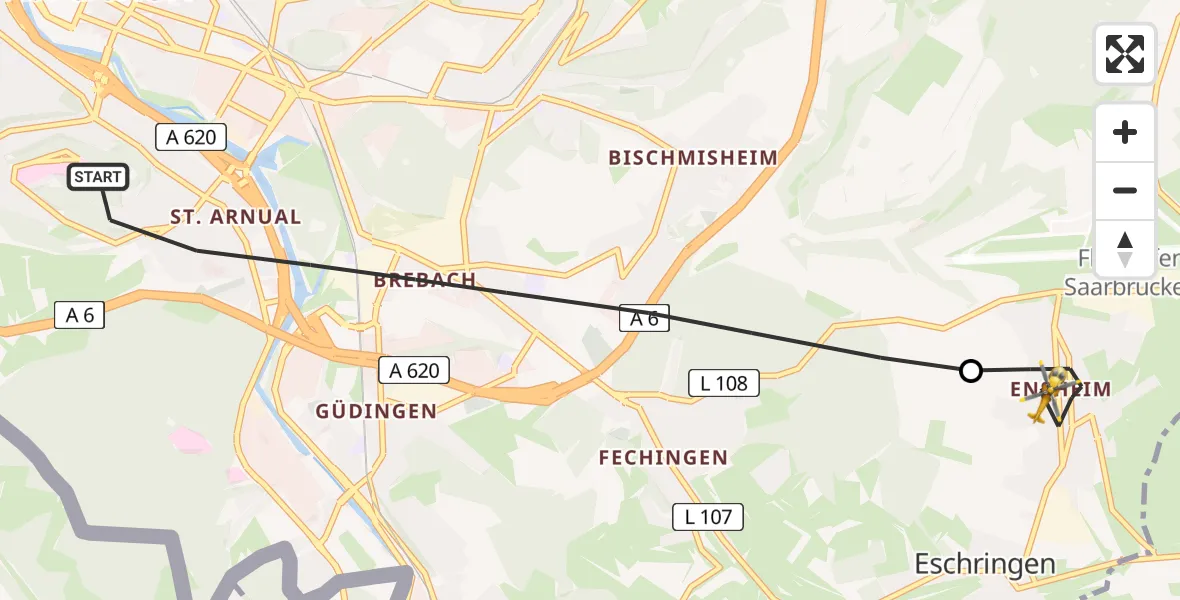 Flugroute Rettungshubschrauber Saarbrücken - Saarbrücken Airport, 21 Februar 2026, 16:52