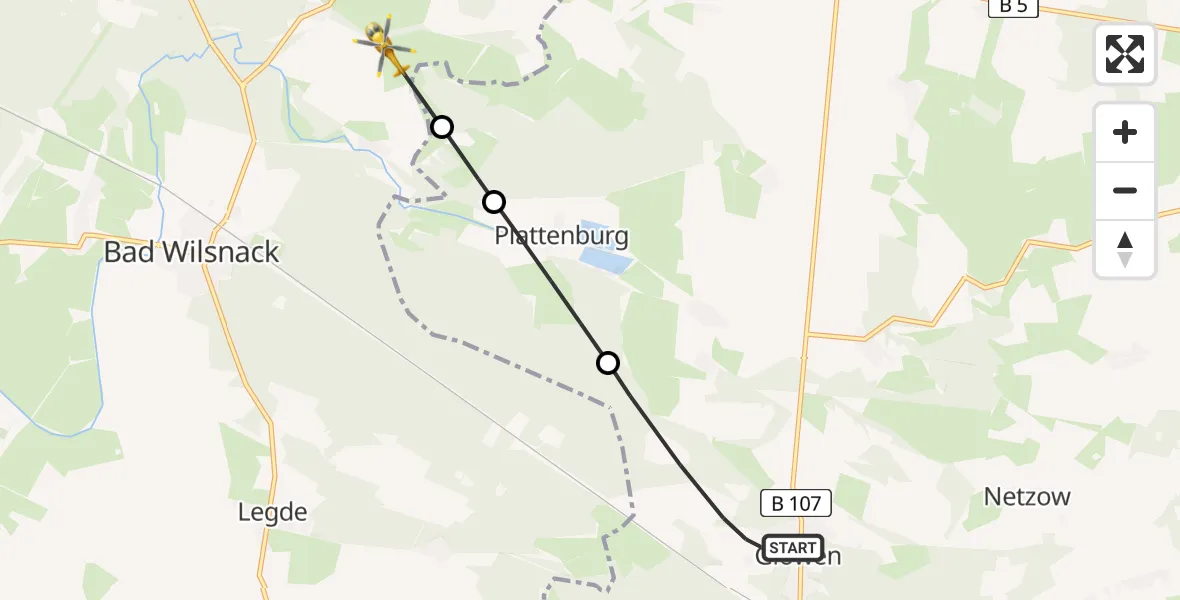 Flugroute Rettungshubschrauber Glöwen - Bad Wilsnack, 21 Februar 2026, 16:59