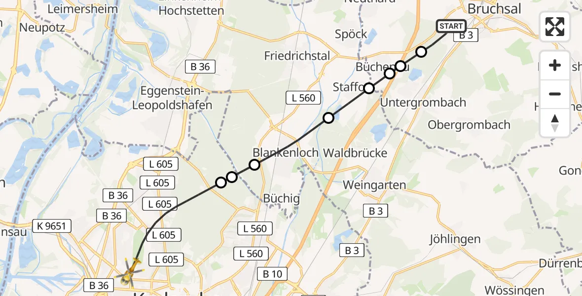 Flugroute Rettungshubschrauber Bruchsal - Karlsruhe, 21 Februar 2026, 17:04