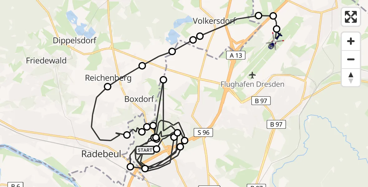 Flugroute Polizeihubschrauber Pieschen - Dresden, 21 Februar 2026, 20:08
