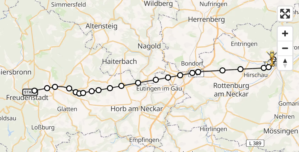 Flugroute Rettungshubschrauber Freudenstadt - Tübingen University Hospital Heliport, 22 Februar 2026, 02:28