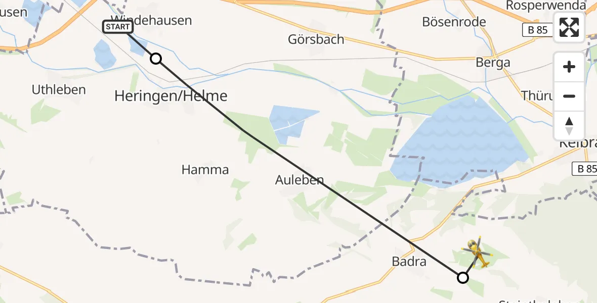 Flugroute Rettungshubschrauber Windehausen - Badra, 22 Februar 2026, 06:40