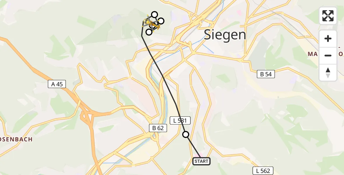 Flugroute Rettungshubschrauber Evangelisches Jung-Stilling Hospital Helipad - Siegen, 22 Februar 2026, 07:07