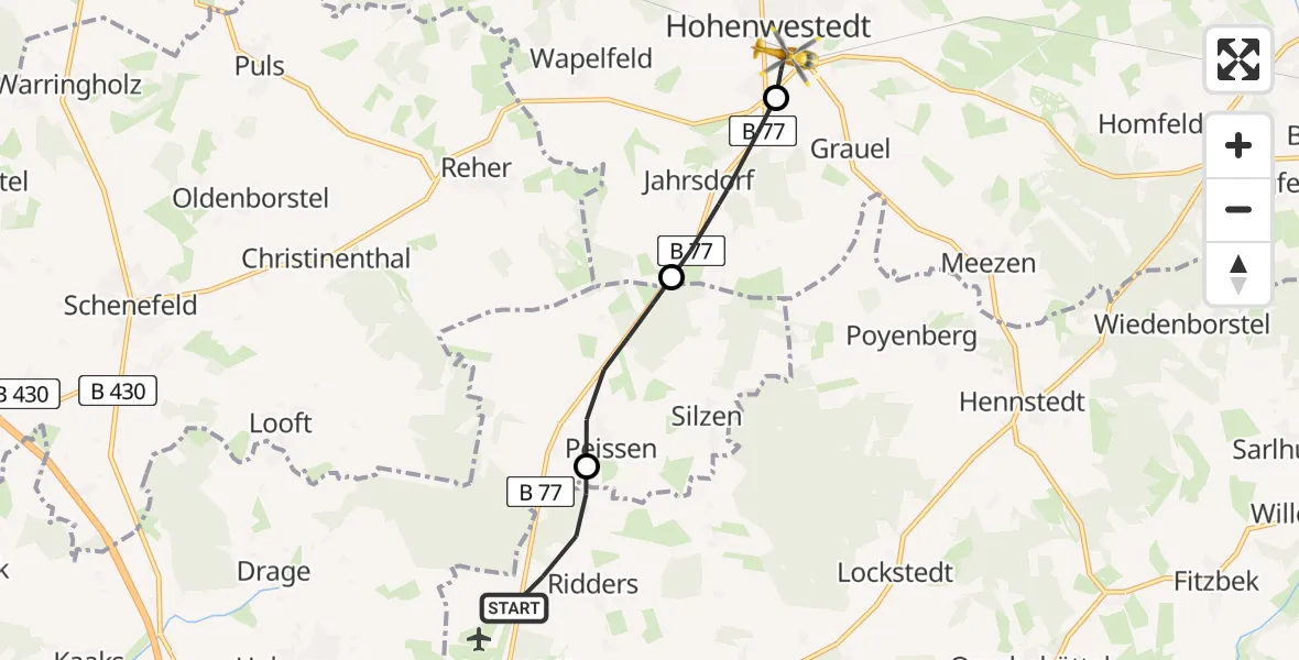 Flugroute Rettungshubschrauber Ridders - Hohenwestedt, 22 Februar 2026, 07:45