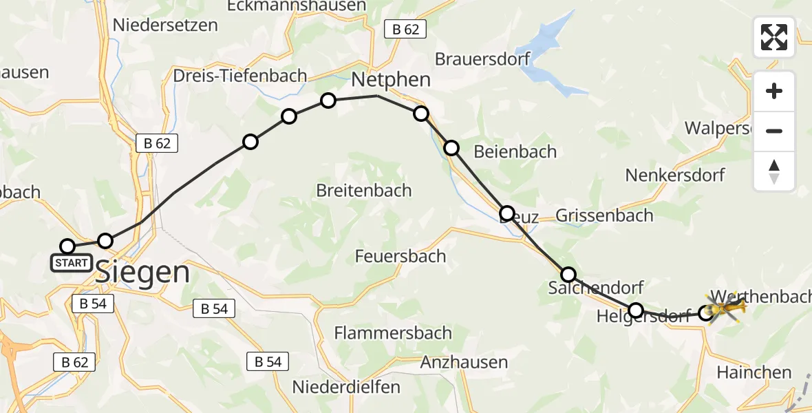 Flugroute Rettungshubschrauber Siegen - Werthenbach, 22 Februar 2026, 07:55