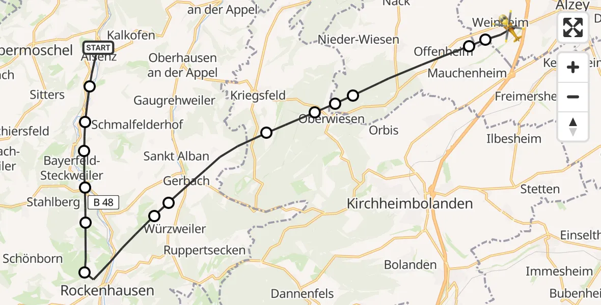 Flugroute Rettungshubschrauber Alsenz - Weinheim, 22 Februar 2026, 08:04