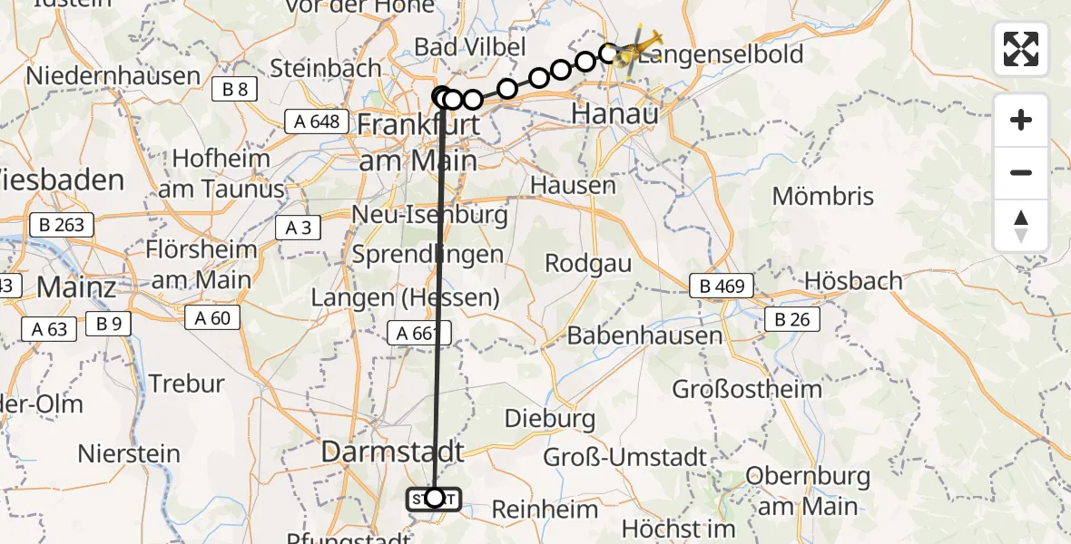 Flugroute Rettungshubschrauber Traisa - Bruchköbel, 22 Februar 2026, 08:15