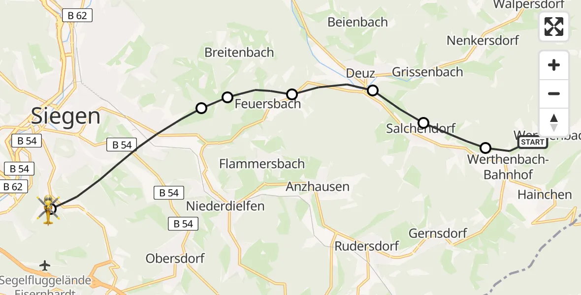 Flugroute Rettungshubschrauber Werthenbach - Evangelisches Jung-Stilling Hospital Helipad, 22 Februar 2026, 08:21