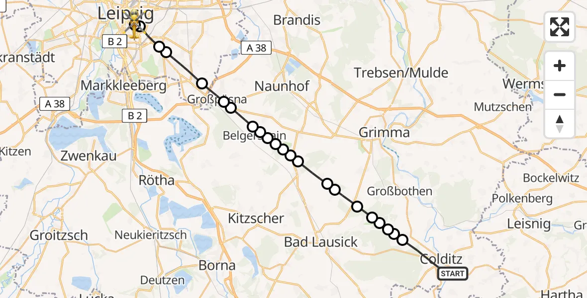 Routekaart van de vlucht: Rettungshubschrauber nach Leipzig University Hospital Heliport 1