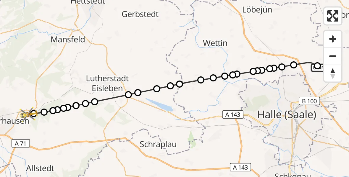 Flugroute Rettungshubschrauber Halle-Oppin Airfield - Riestedt, 22 Februar 2026, 08:27