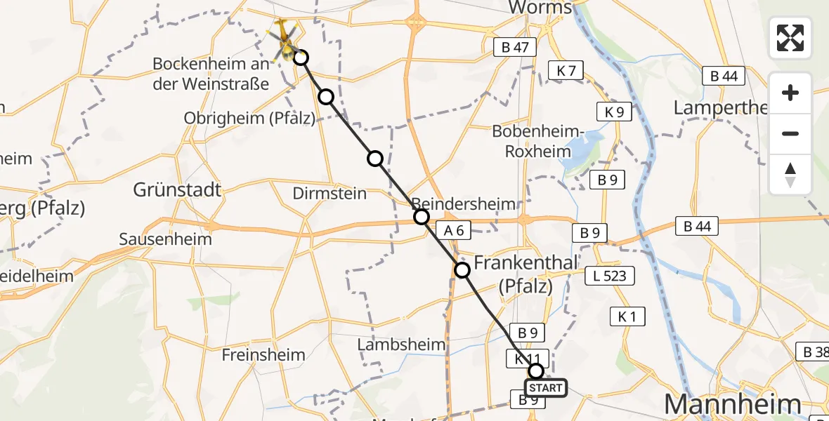 Flugroute Rettungshubschrauber Ludwigshafen am Rhein - Hohen-Sülzen, 22 Februar 2026, 08:45
