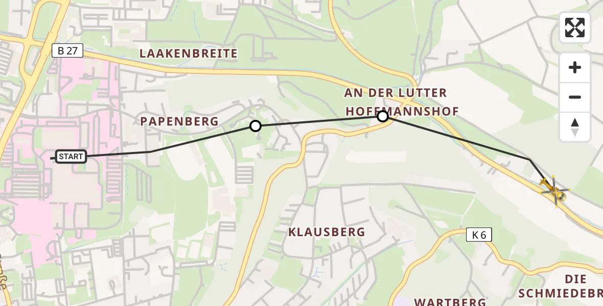 Flugroute Rettungshubschrauber Göttingen University Clinic Heliport - Göttingen, 22 Februar 2026, 08:52