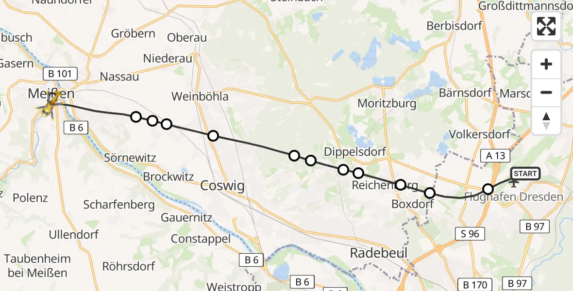 Flugroute Rettungshubschrauber Dresden Airport - Meißen, 22 Februar 2026, 08:57
