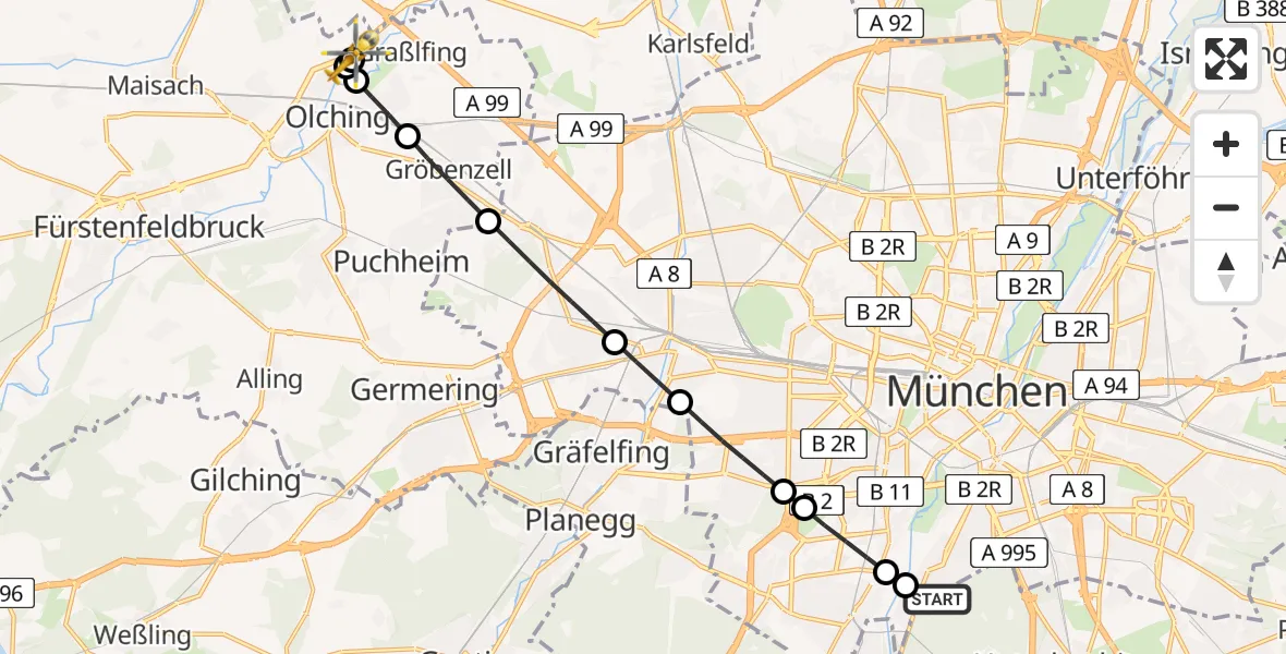 Flugroute Rettungshubschrauber ADAC Air Rescue Center Heliport (Christoph 1) - Geiselbullach, 22 Februar 2026, 09:12