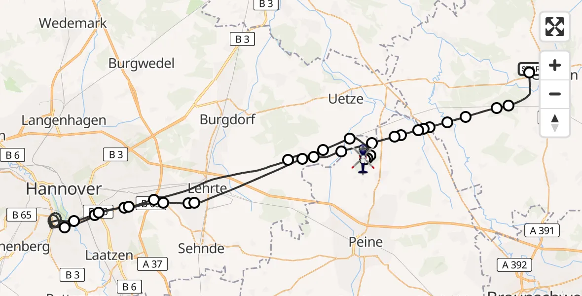 Flugroute Polizeihubschrauber Gifhorn Federal Police Heliport - Flugplatz Peine-Eddesse, 22 Februar 2026, 09:13