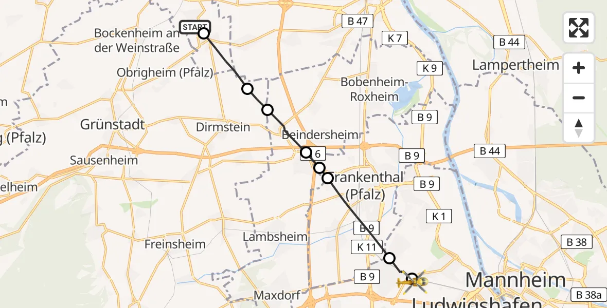 Routekaart van de vlucht: Rettungshubschrauber nach Ludwigshafen Accident Hospital Heliport