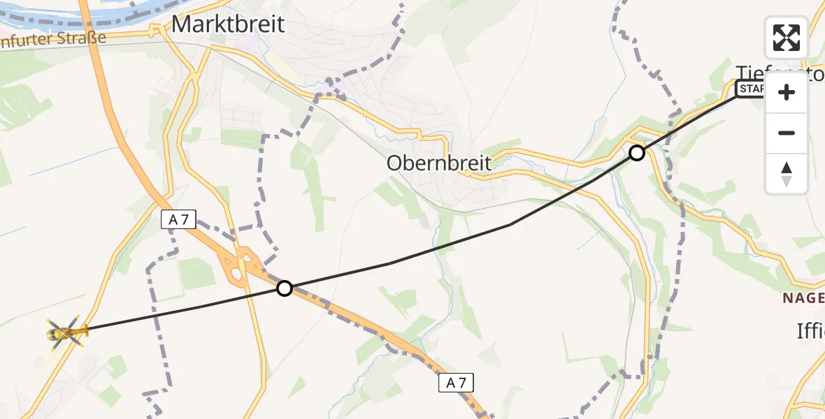 Flugroute Rettungshubschrauber Tiefenstockheim - Marktbreit, 22 Februar 2026, 09:24