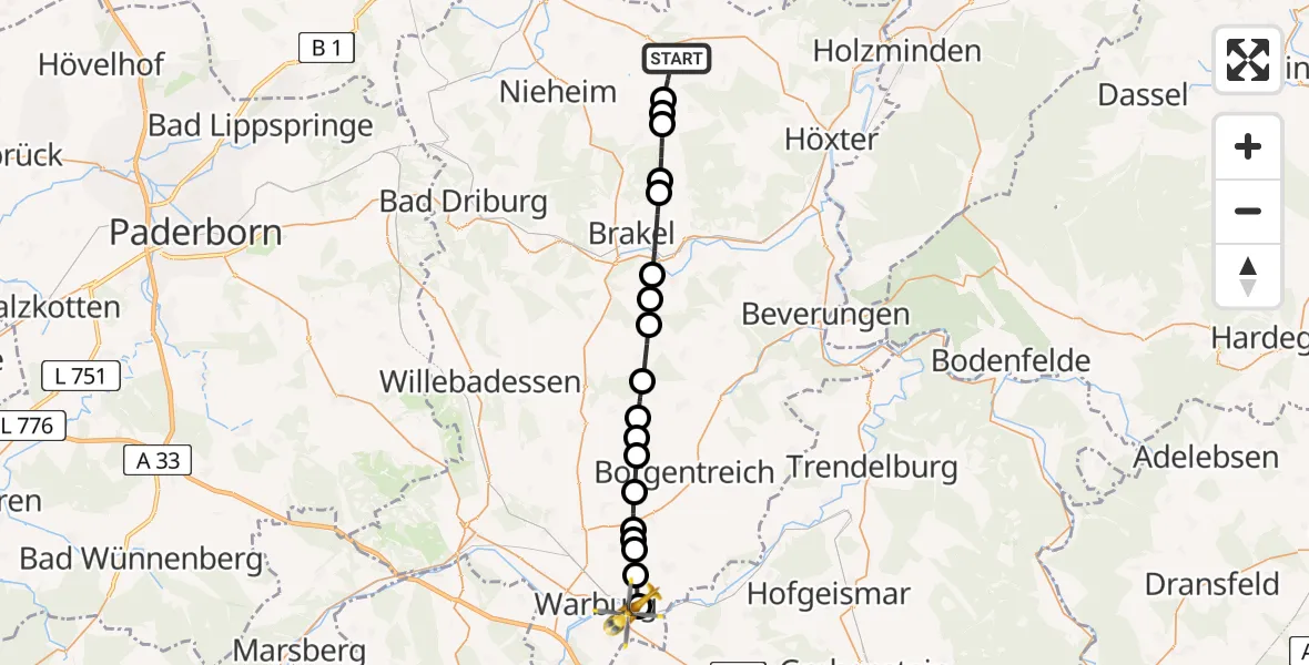 Flugroute Rettungshubschrauber Vörden - Dalheim, 22 Februar 2026, 09:30