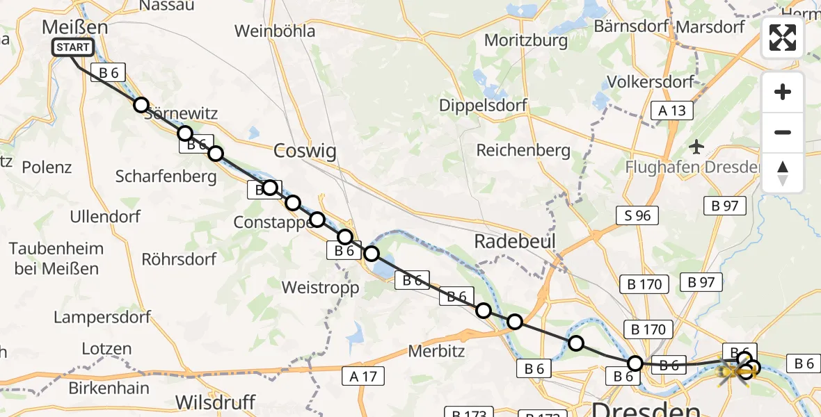 Flugroute Rettungshubschrauber Meißen - Dresden Elbwiesen Heliport, 22 Februar 2026, 09:31
