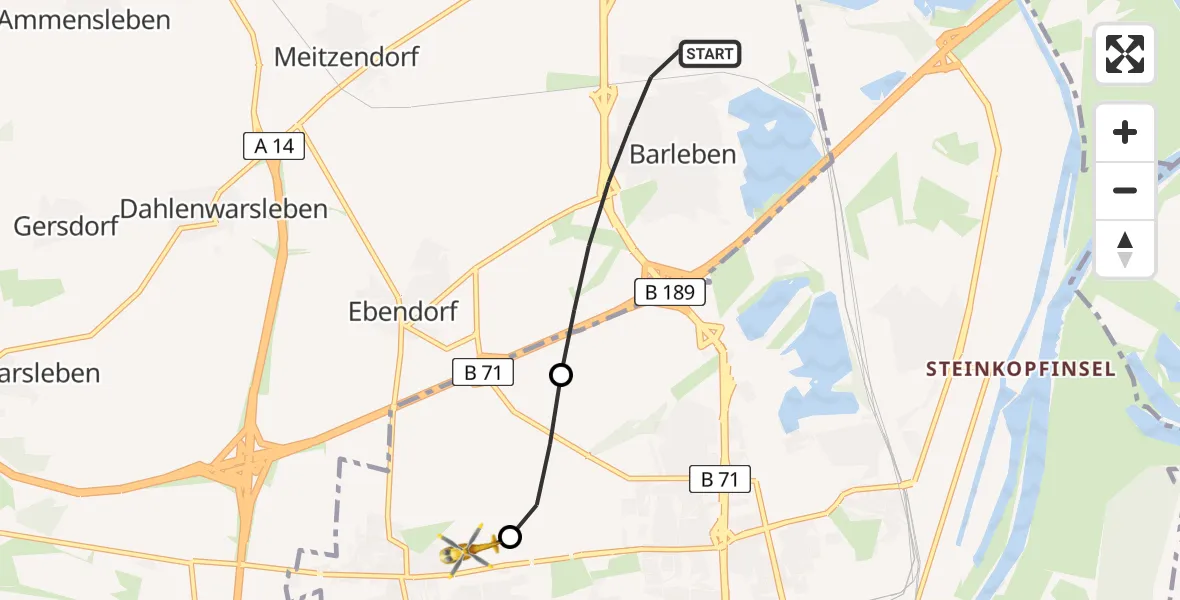 Flugroute Rettungshubschrauber Barleben - Magdeburg Hospital Heliport, 22 Februar 2026, 09:36