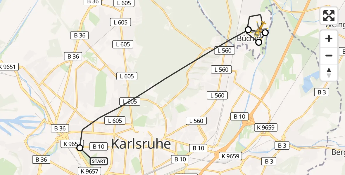 Flugroute Rettungshubschrauber Sankt Vincentius Hospital Heliport - Büchig, 22 Februar 2026, 09:38