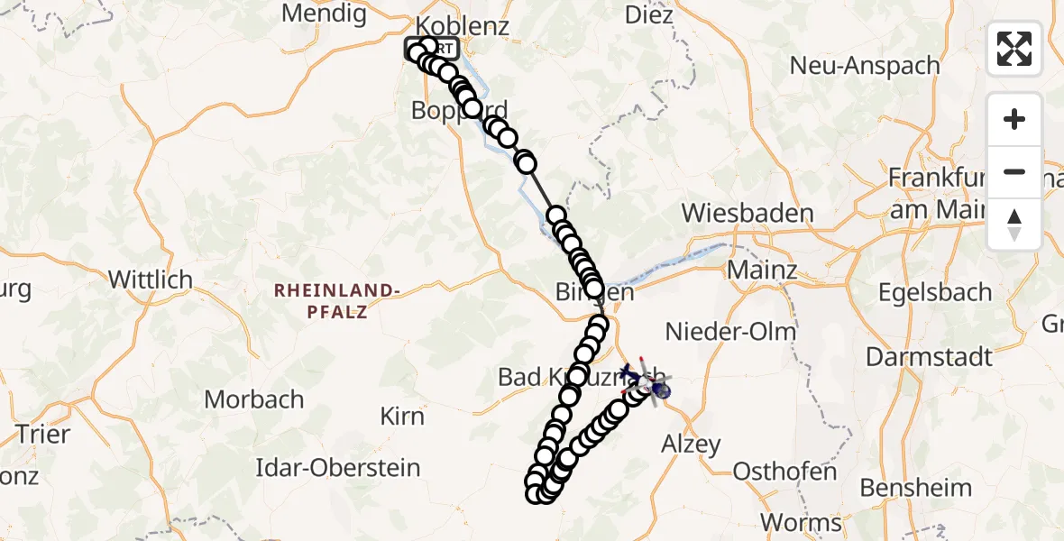 Flugroute Polizeihubschrauber Koblenz-Winningen Airfield - Gau-Bickelheim, 22 Februar 2026, 09:39