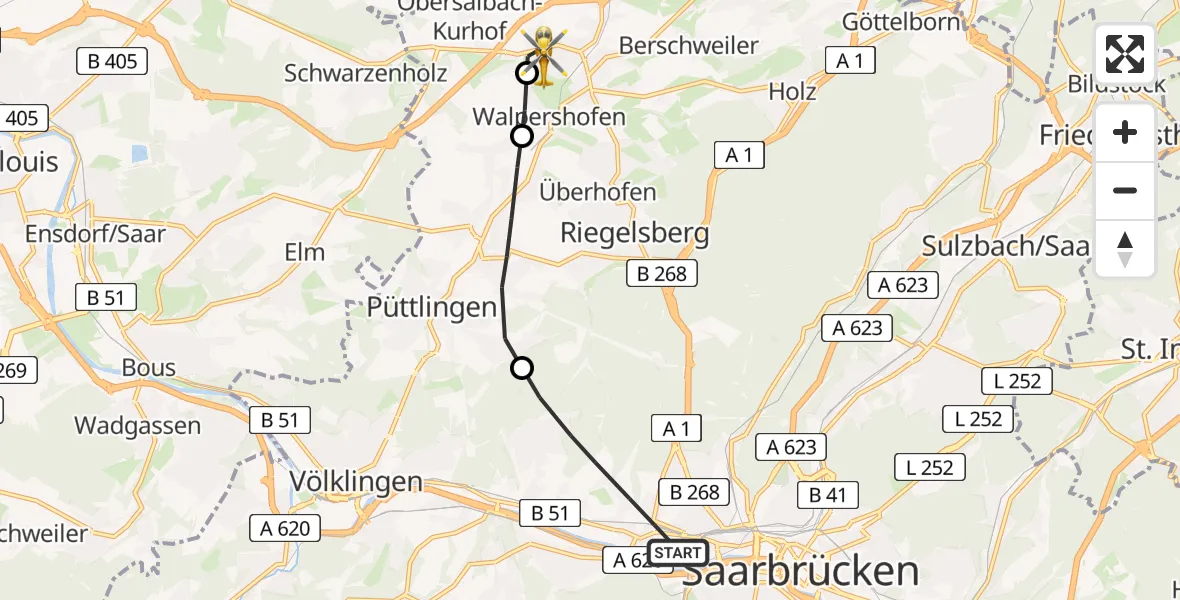 Flugroute Rettungshubschrauber Saarbrücken - Heusweiler, 22 Februar 2026, 09:41
