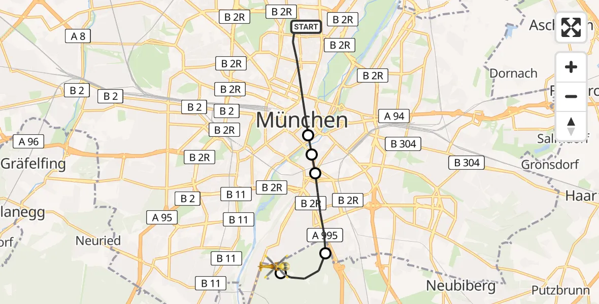 Flugroute Rettungshubschrauber München - ADAC Air Rescue Center Heliport (Christoph 1), 22 Februar 2026, 10:01