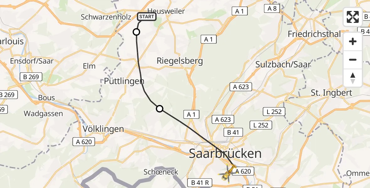 Flugroute Rettungshubschrauber Heusweiler - Saarbrücken, 22 Februar 2026, 10:08