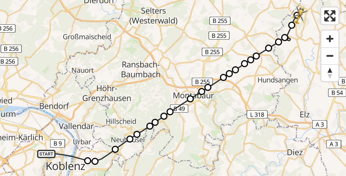 Flugroute Rettungshubschrauber Koblenz - Wilsenroth, 22 Februar 2026, 10:09