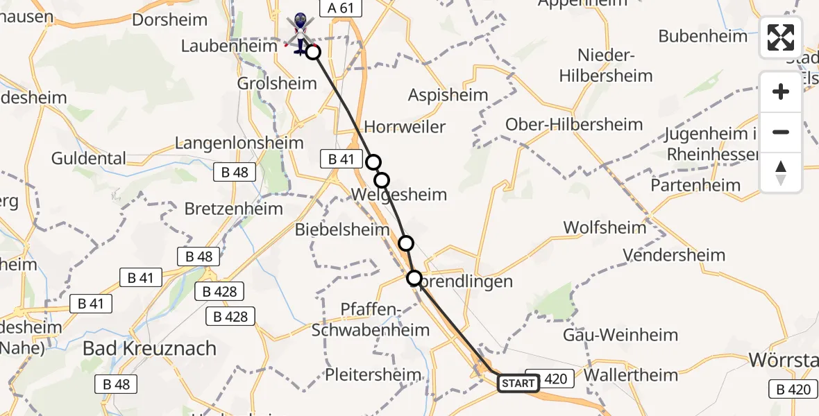 Flugroute Polizeihubschrauber Gau-Bickelheim - Bingen am Rhein, 22 Februar 2026, 10:18
