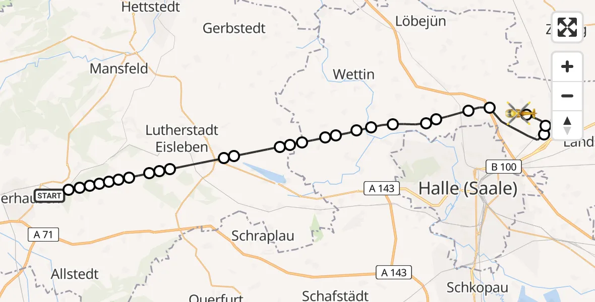 Flugroute Rettungshubschrauber Sangerhausen - Halle-Oppin Airfield, 22 Februar 2026, 10:20