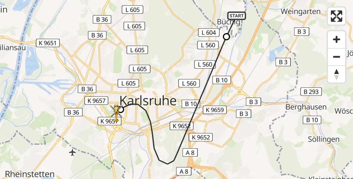 Flugroute Rettungshubschrauber Büchig - Sankt Vincentius Hospital Heliport, 22 Februar 2026, 10:22