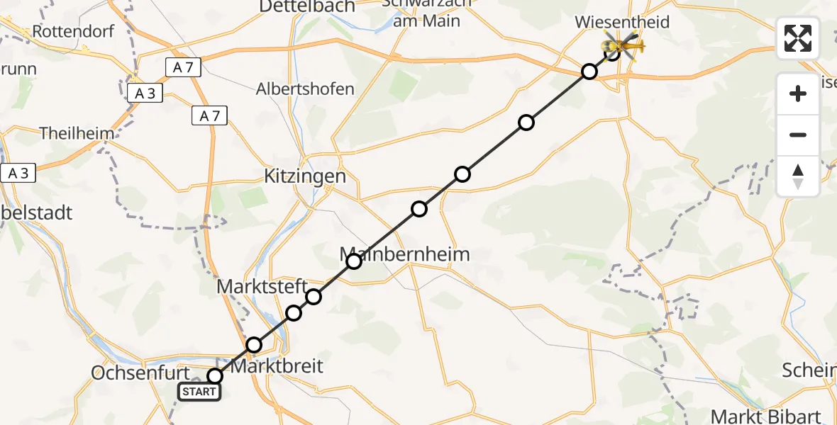 Routekaart van de vlucht: Rettungshubschrauber nach Wiesentheid, Korbacher Straße