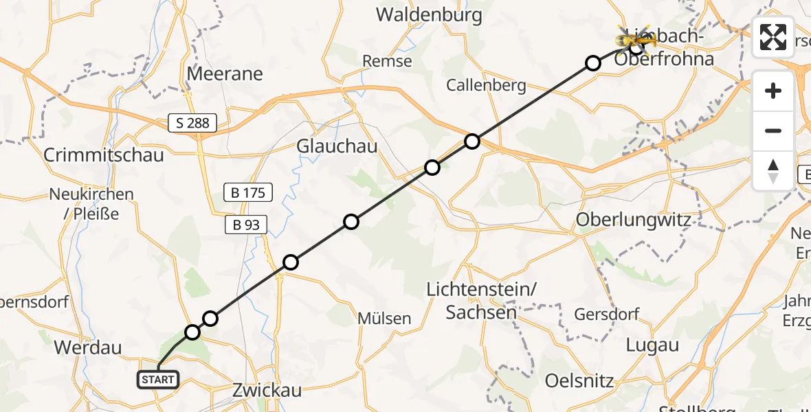 Flugroute Rettungshubschrauber Zwickau - Limbach-Oberfrohna, 22 Februar 2026, 10:28